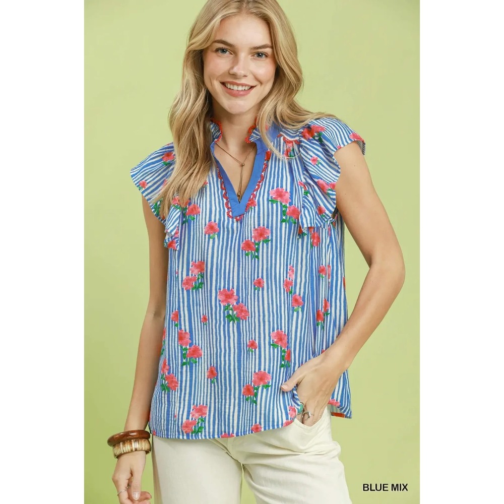 Umgee Striped Floral Ruffle Sleeve Top with Contrast Trim - large